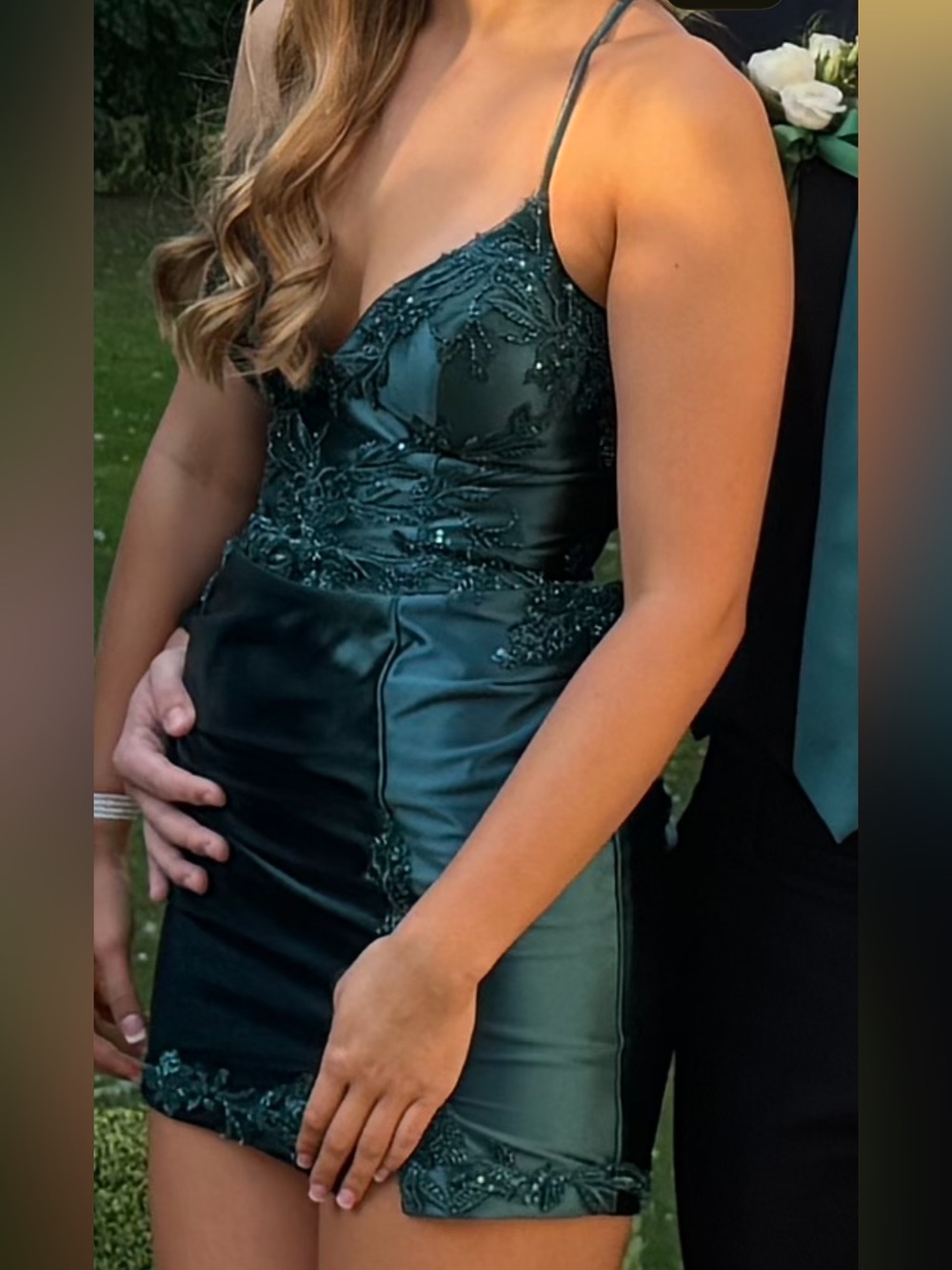 Faviana Teal Beaded Satin Mini Dress